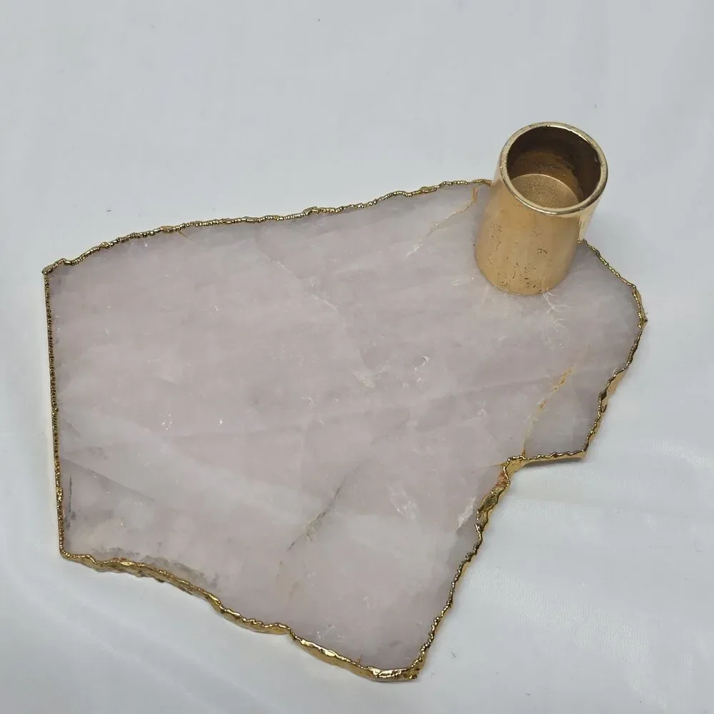 Pair Anthropologie Agate Natural Stone Gilded Gold Edge Candle Holders Boho